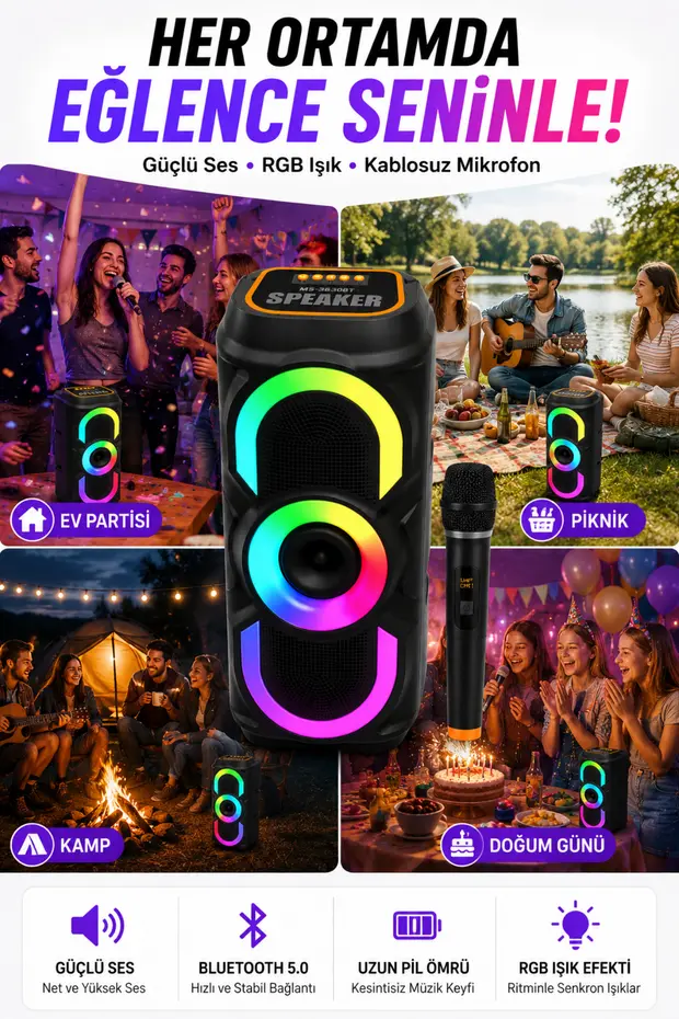 Kablosuz Mikrofonlu Bluetooth Hoparlör Karaoke RGB Işıklı TWS Destekli Taşınabilir Parti Hoparlörü USB FM Radyo 